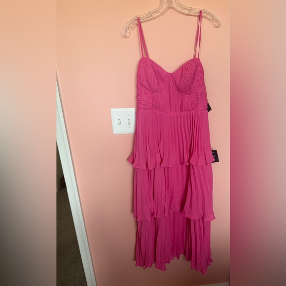 Lulus Cascading Crush Hot Pink Tiered Midi Dress - Size L - Picture 4 of 10
